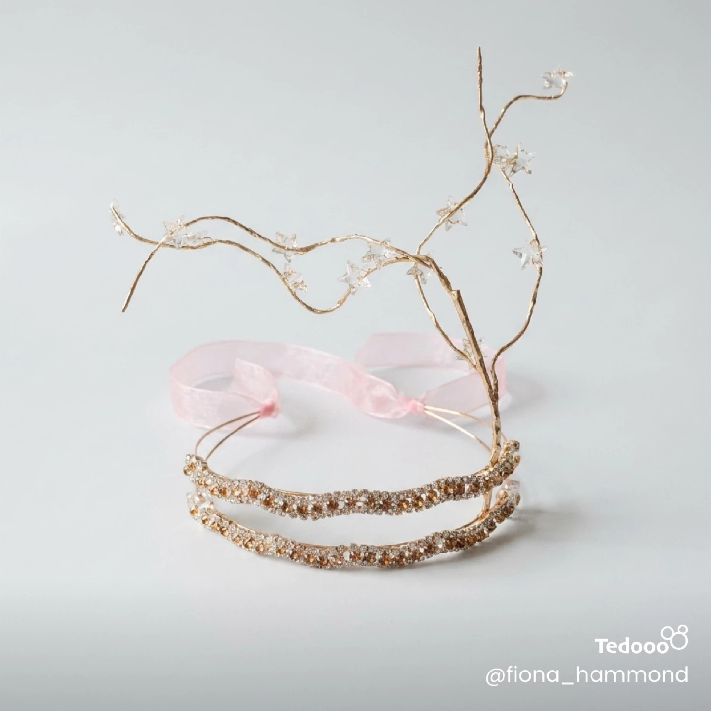Gold Twig Crown with Crystals and Pink Ribbons