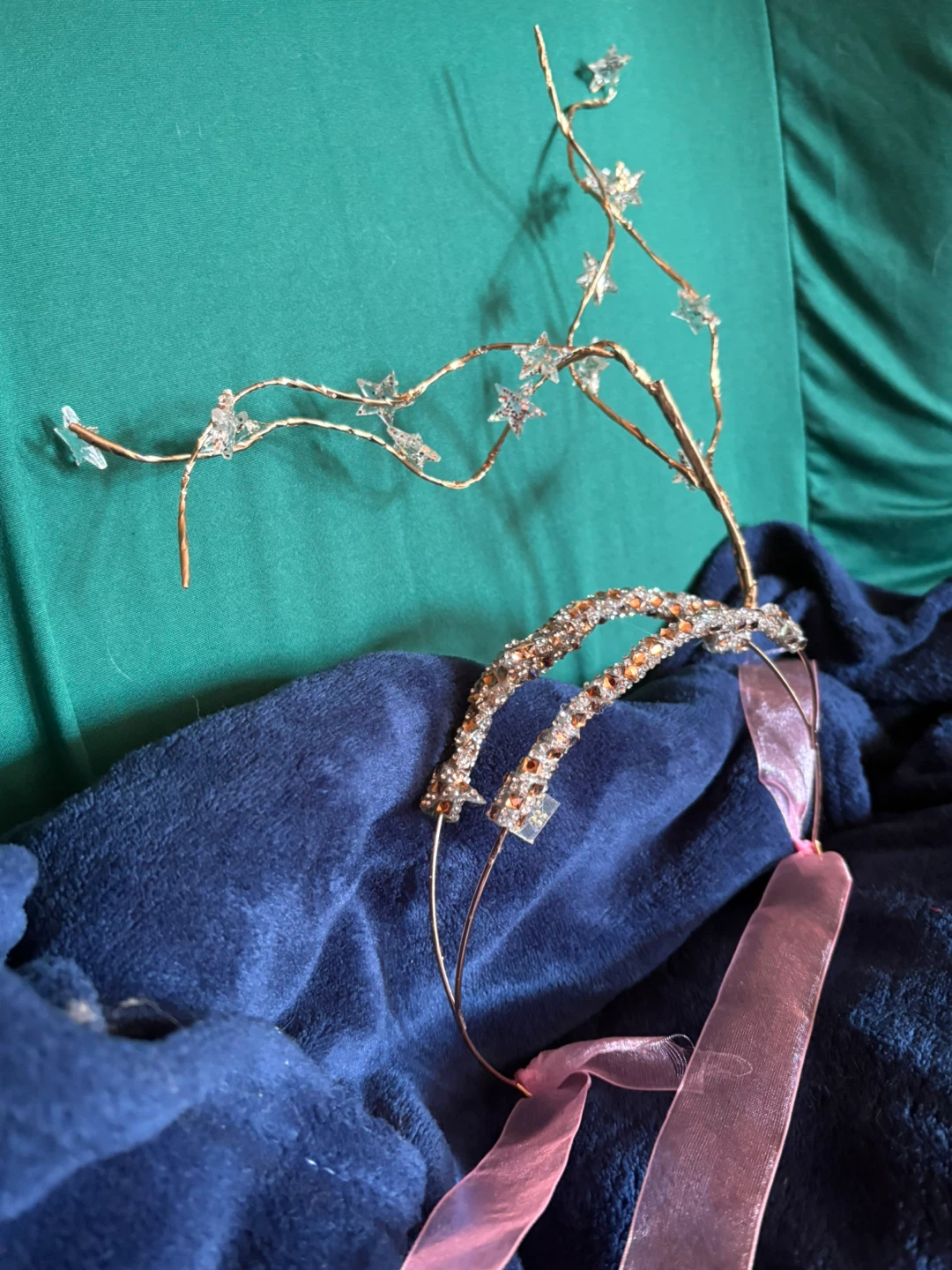 Gold Twig Crown with Crystals and Pink Ribbons - photo 3