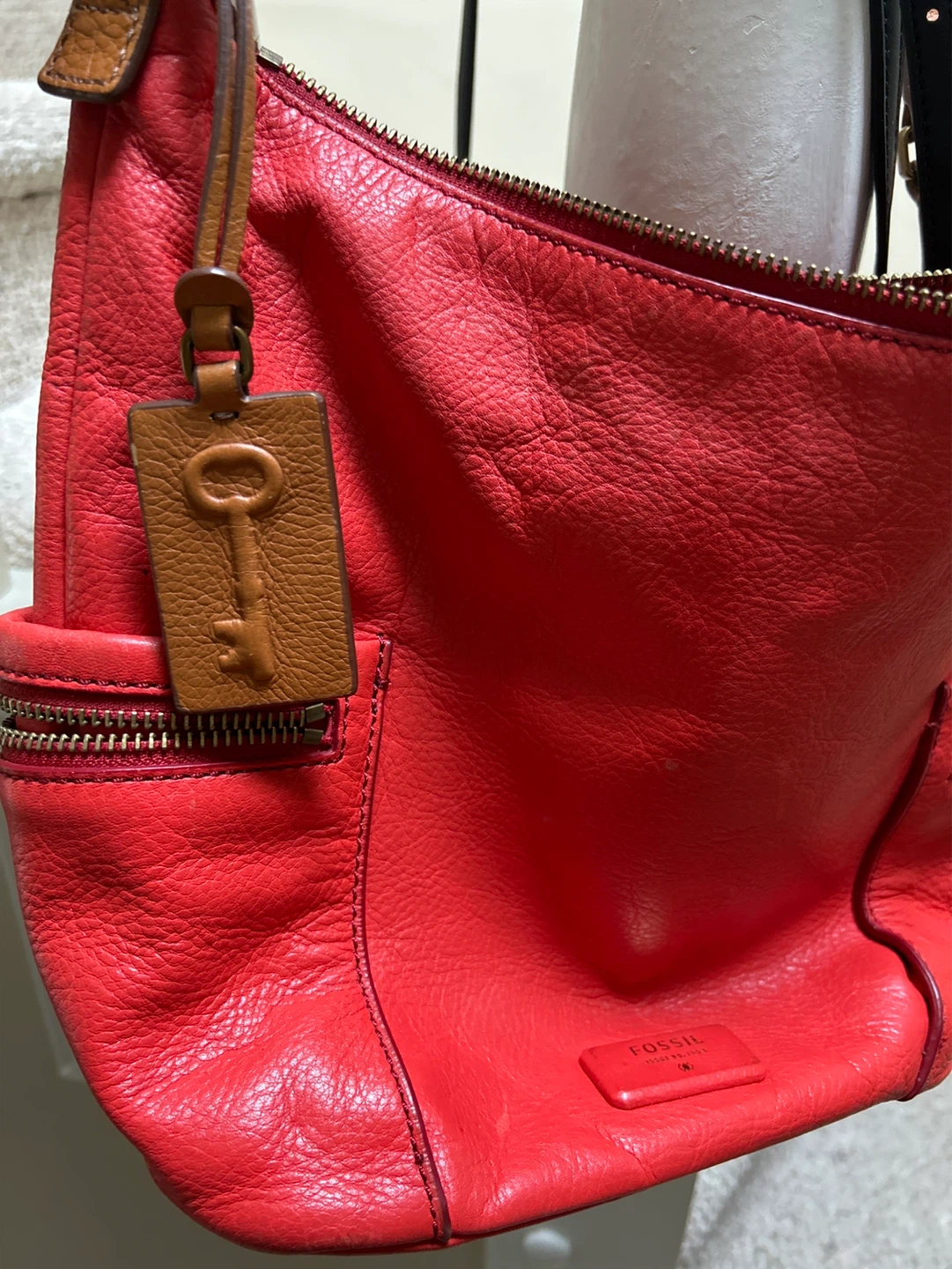 Fossil Red Leather Hobo Bag with Key Charm
