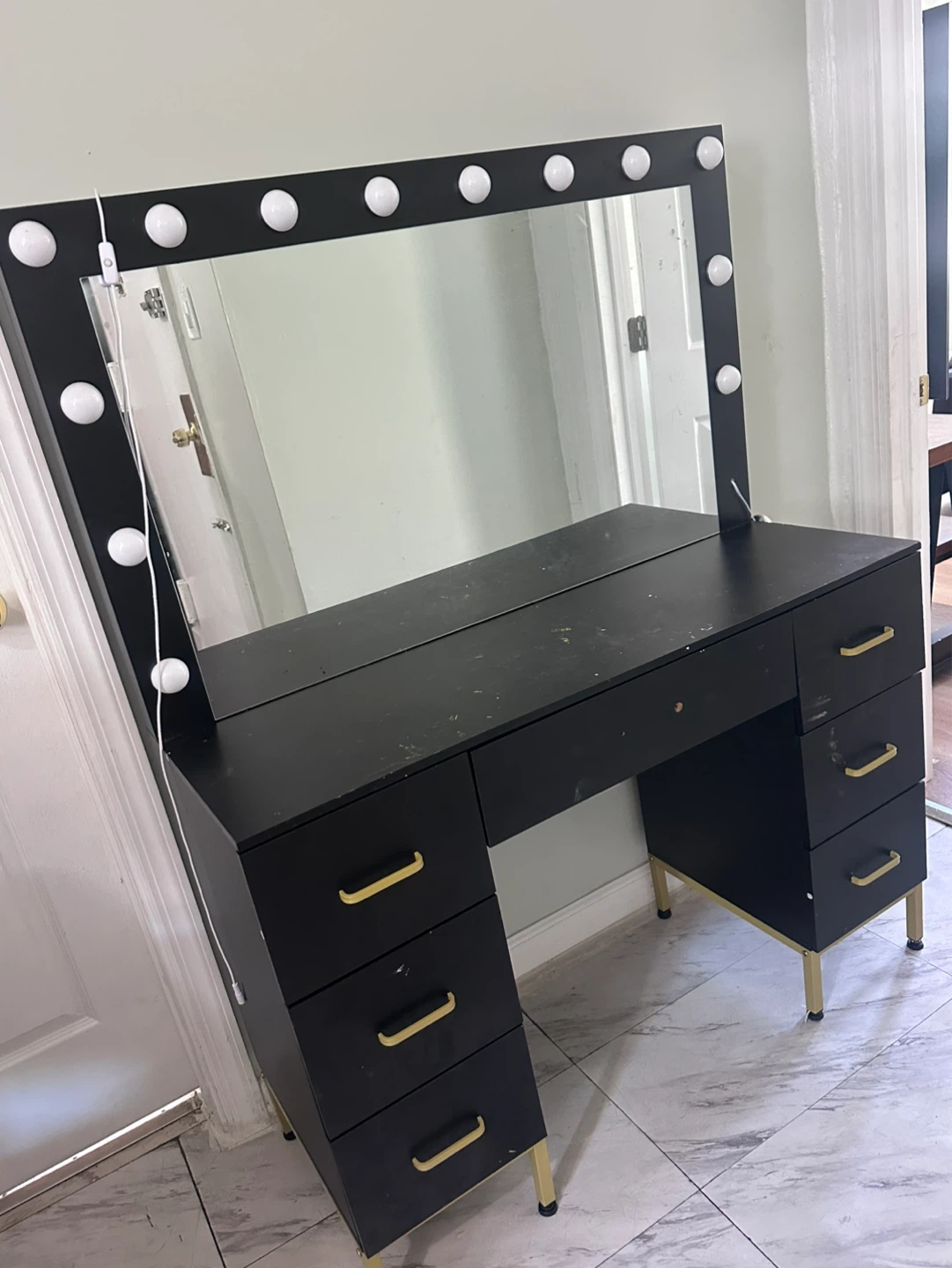 Black Vanity Desk with Lights and Mirror