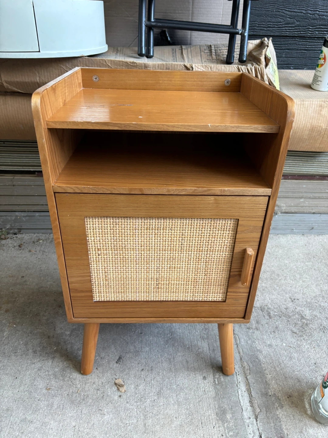 Wooden Nightstand with Rattan Door