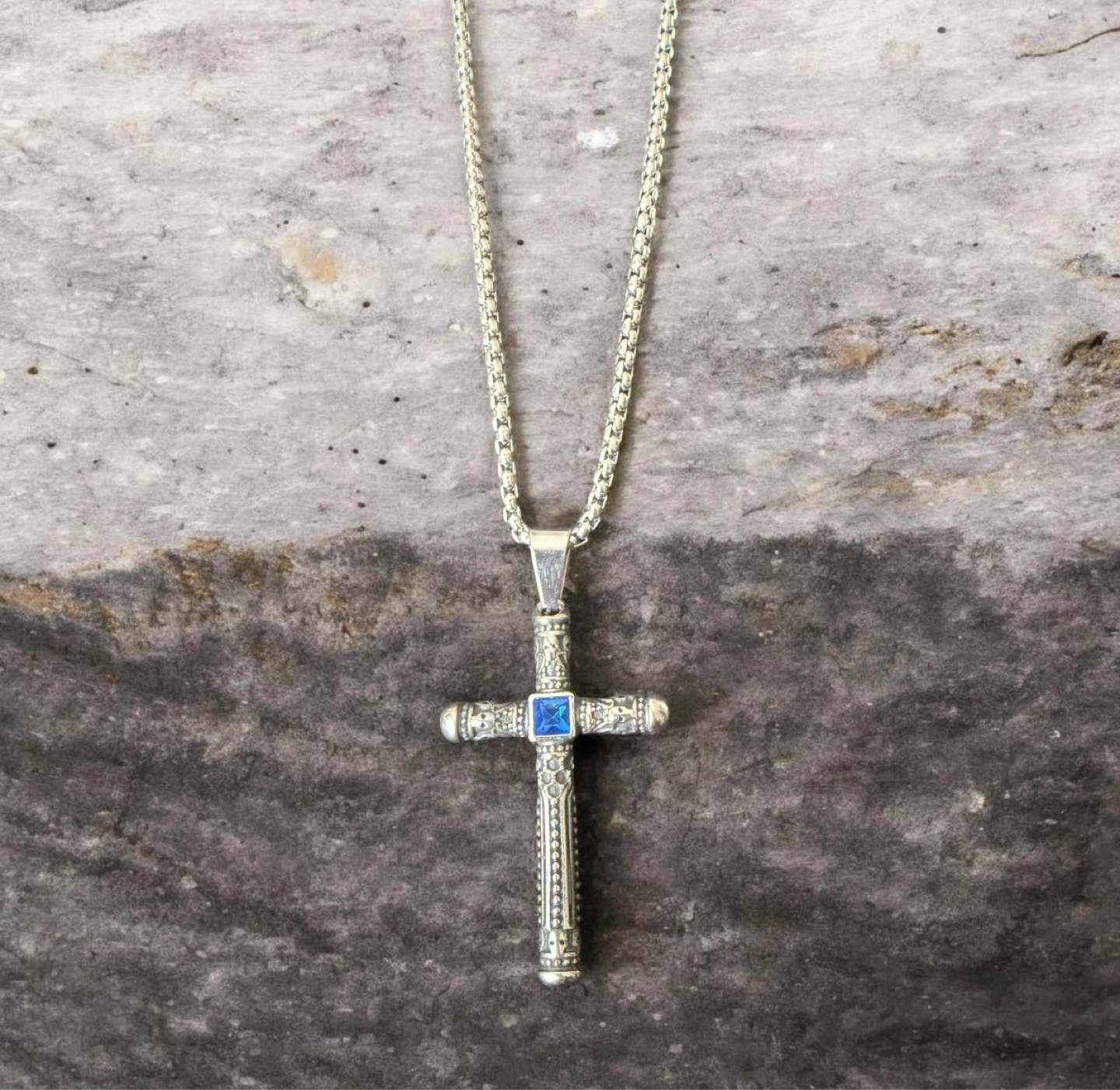 Stainless Steel Cross Necklace with Blue Gem