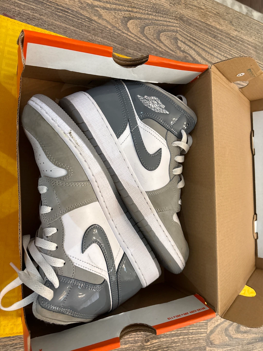 Nike Air Jordan 1 Mid Grey White Patent Leather Sneakers