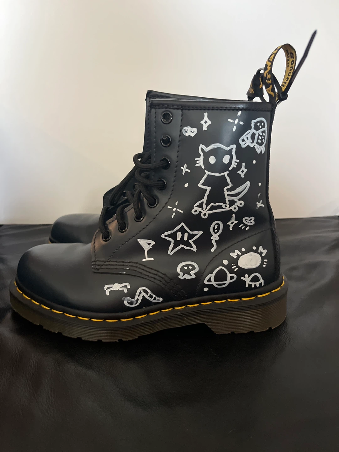 Dr. Martens Black Leather Boots with Custom White Artwork - photo 3