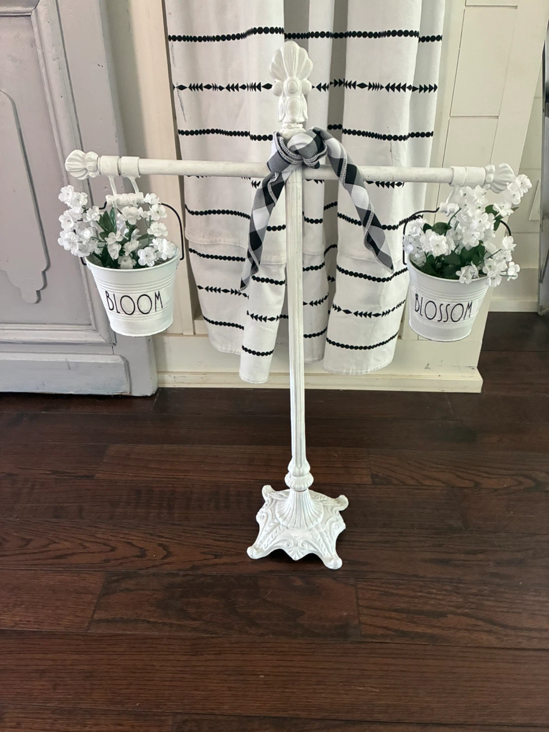 White Metal Display Stand with "Bloom" and "Blossom" Buckets