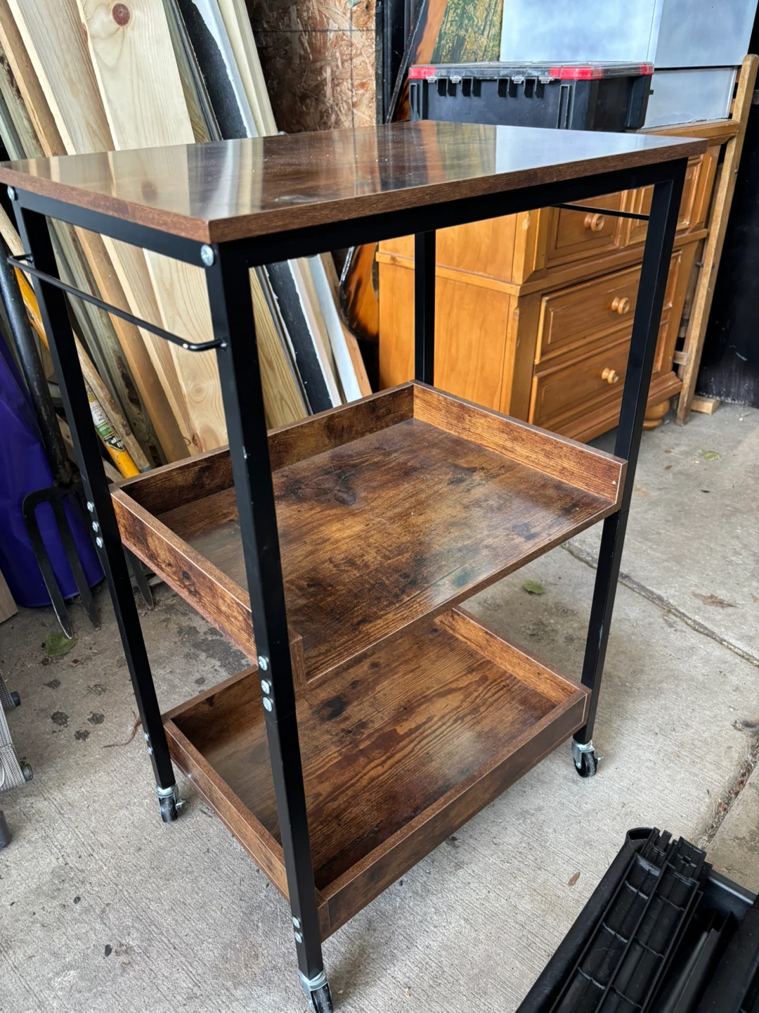 3-Tier Rolling Cart - Wood Grain and Black Metal
