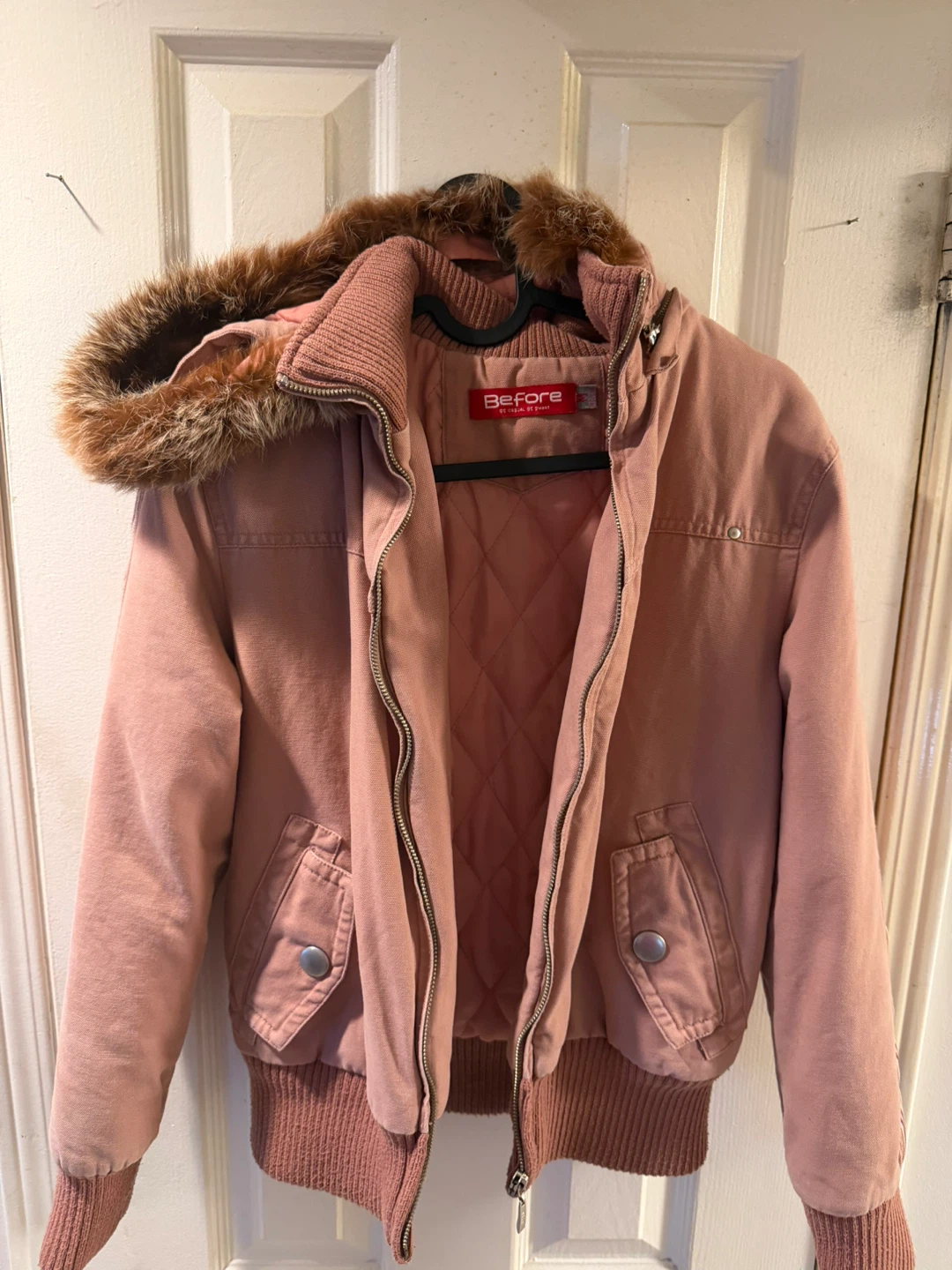 Before Pink Bomber Jacket with Fur Hood