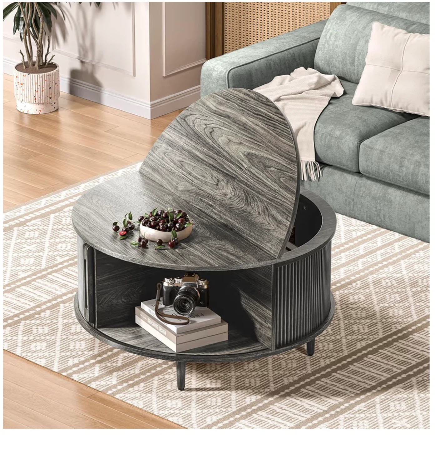 Round Lift-Top Coffee Table with Storage - Grey - photo 4