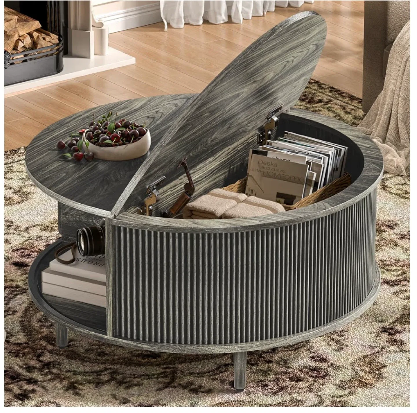 Round Lift-Top Coffee Table with Storage - Grey