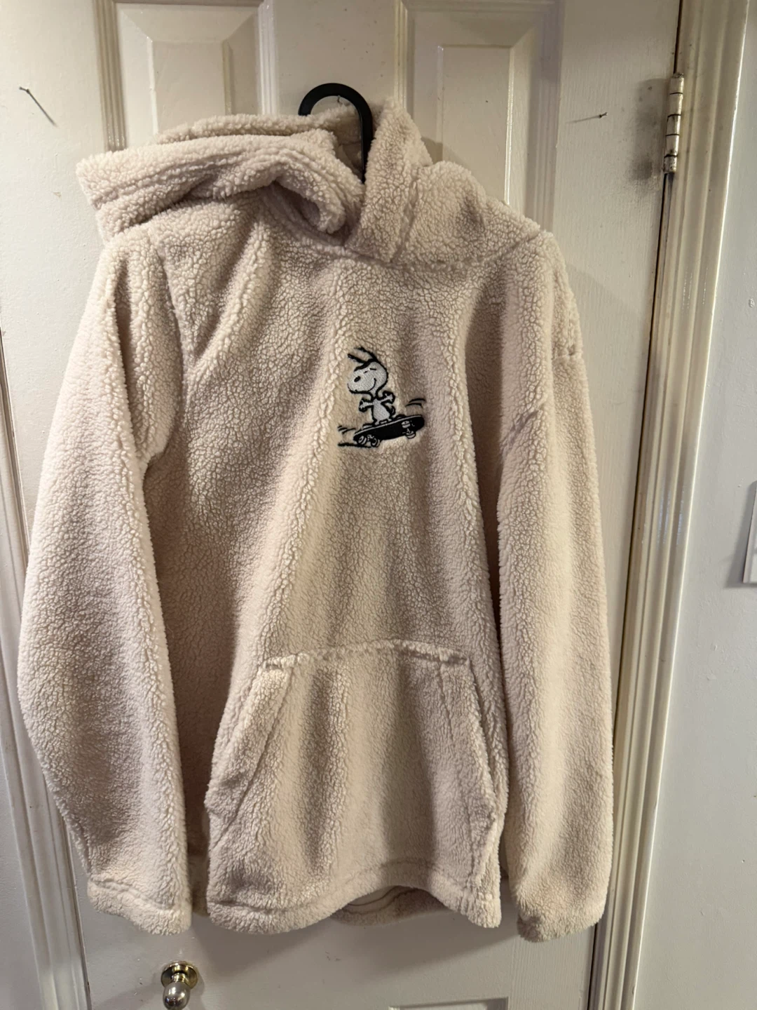 Cream Sherpa Hoodie with Snoopy Skateboard Graphic