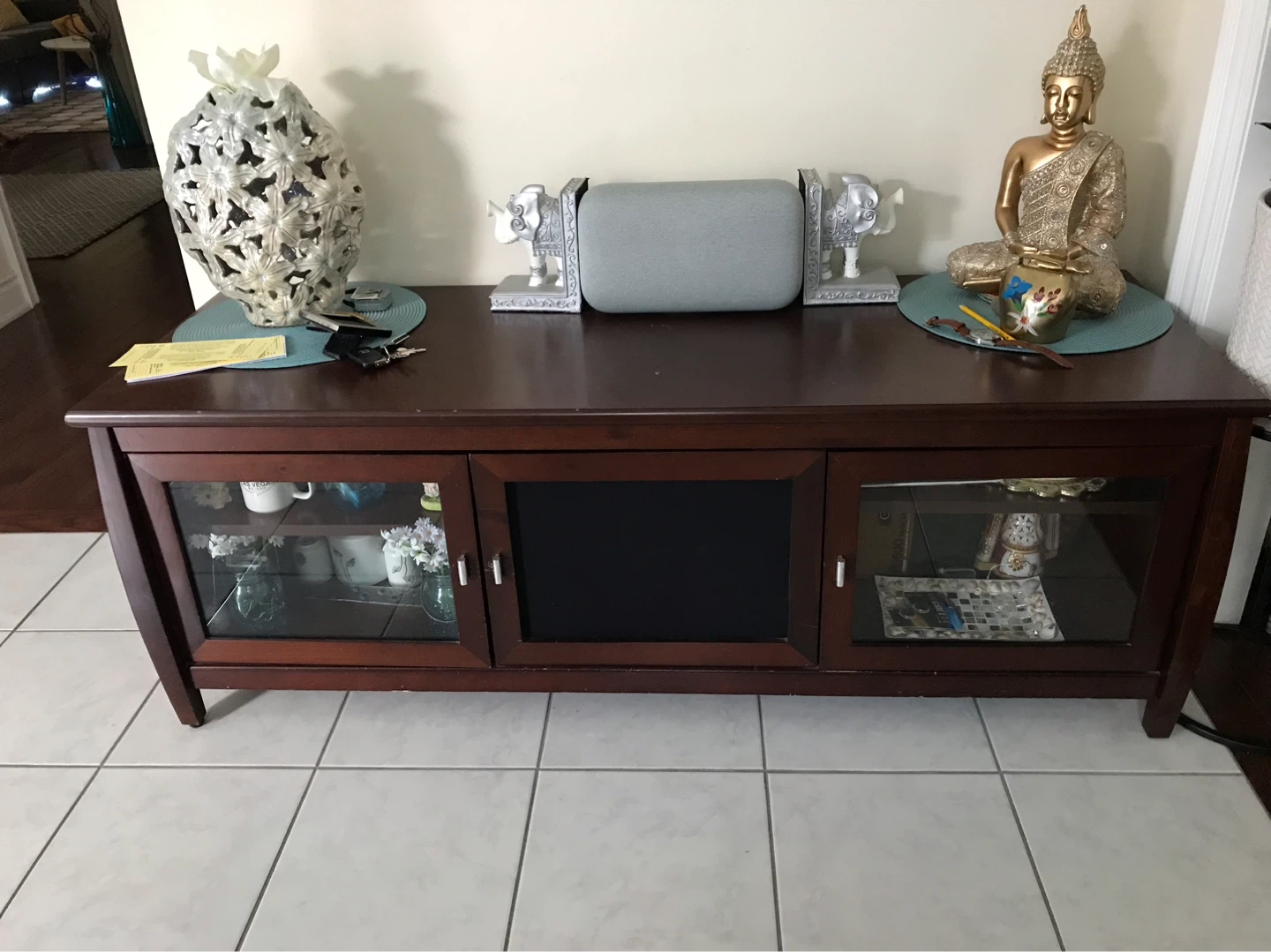 Wooden Media Console with Glass Doors