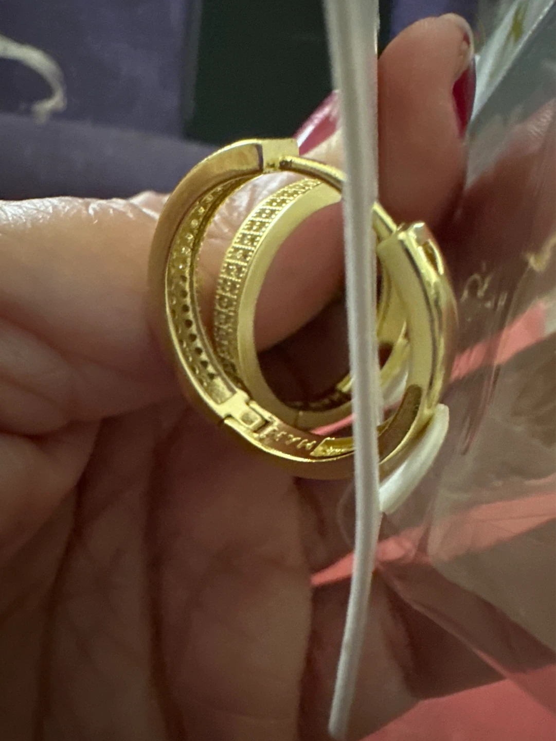 Gold tone hoop earrings with pave stones - photo 2