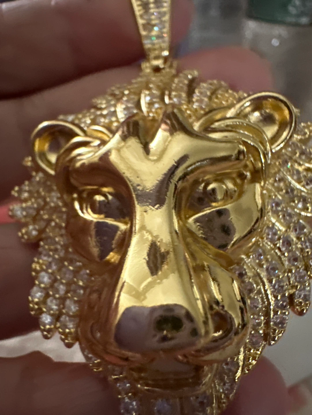Gold laminated Lion Head Pendant Necklace with Iced Out Gems