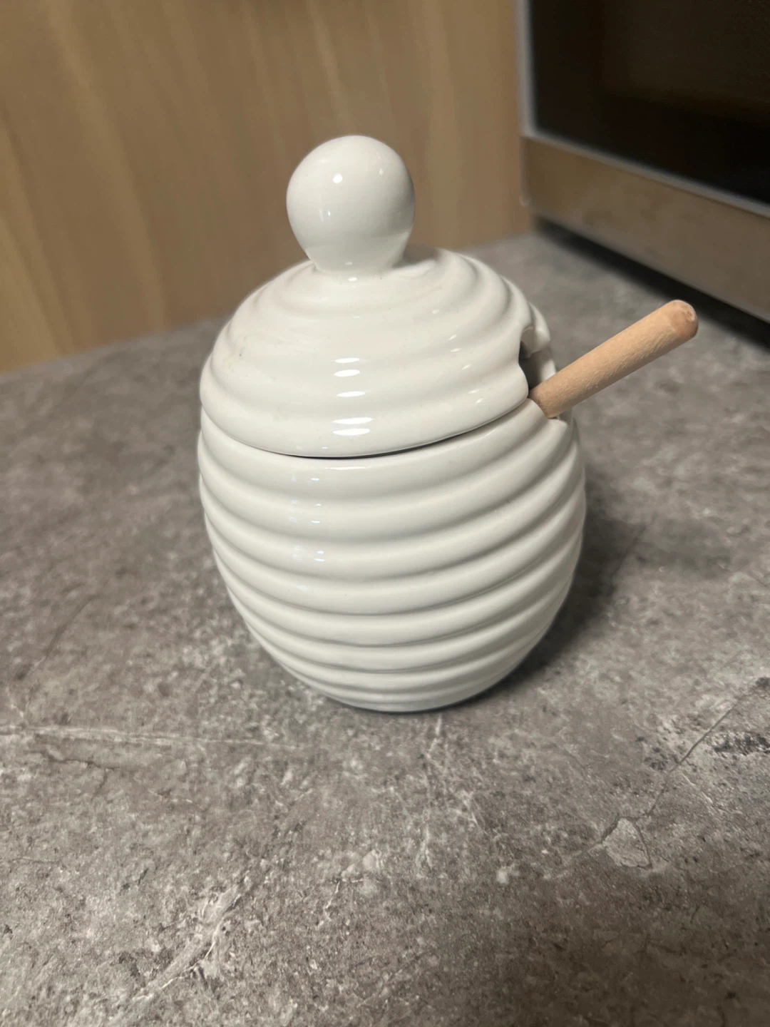 White Ceramic Honey Pot with Dipper