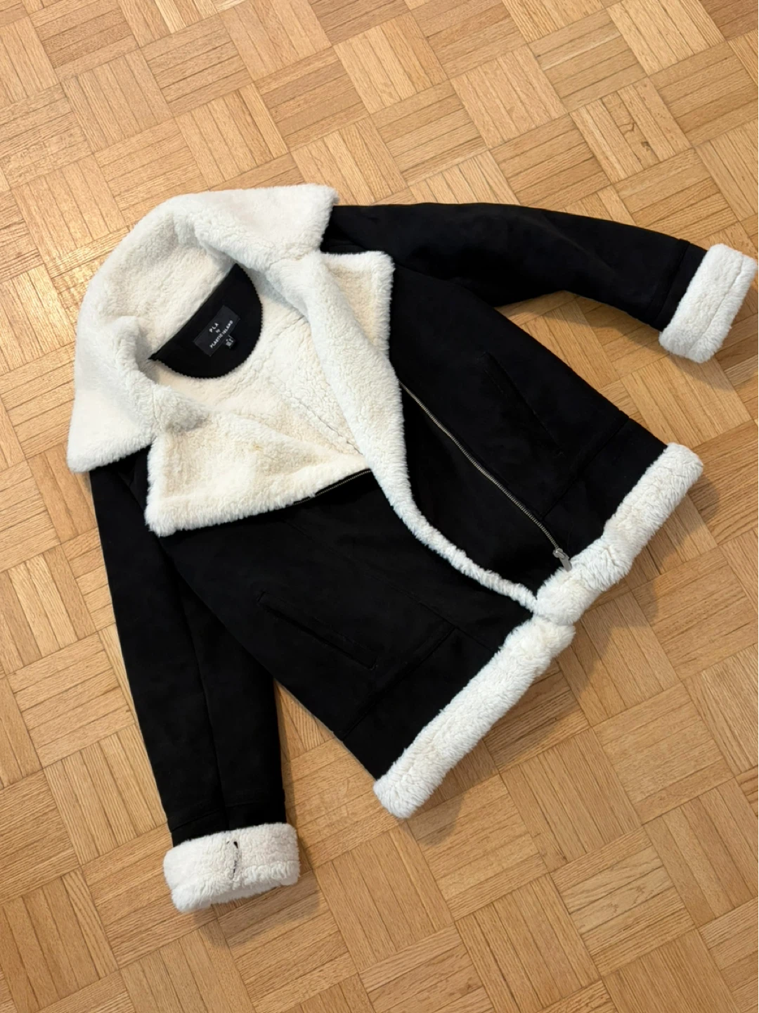 Black Suede Aviator Jacket with White Sherpa Lining