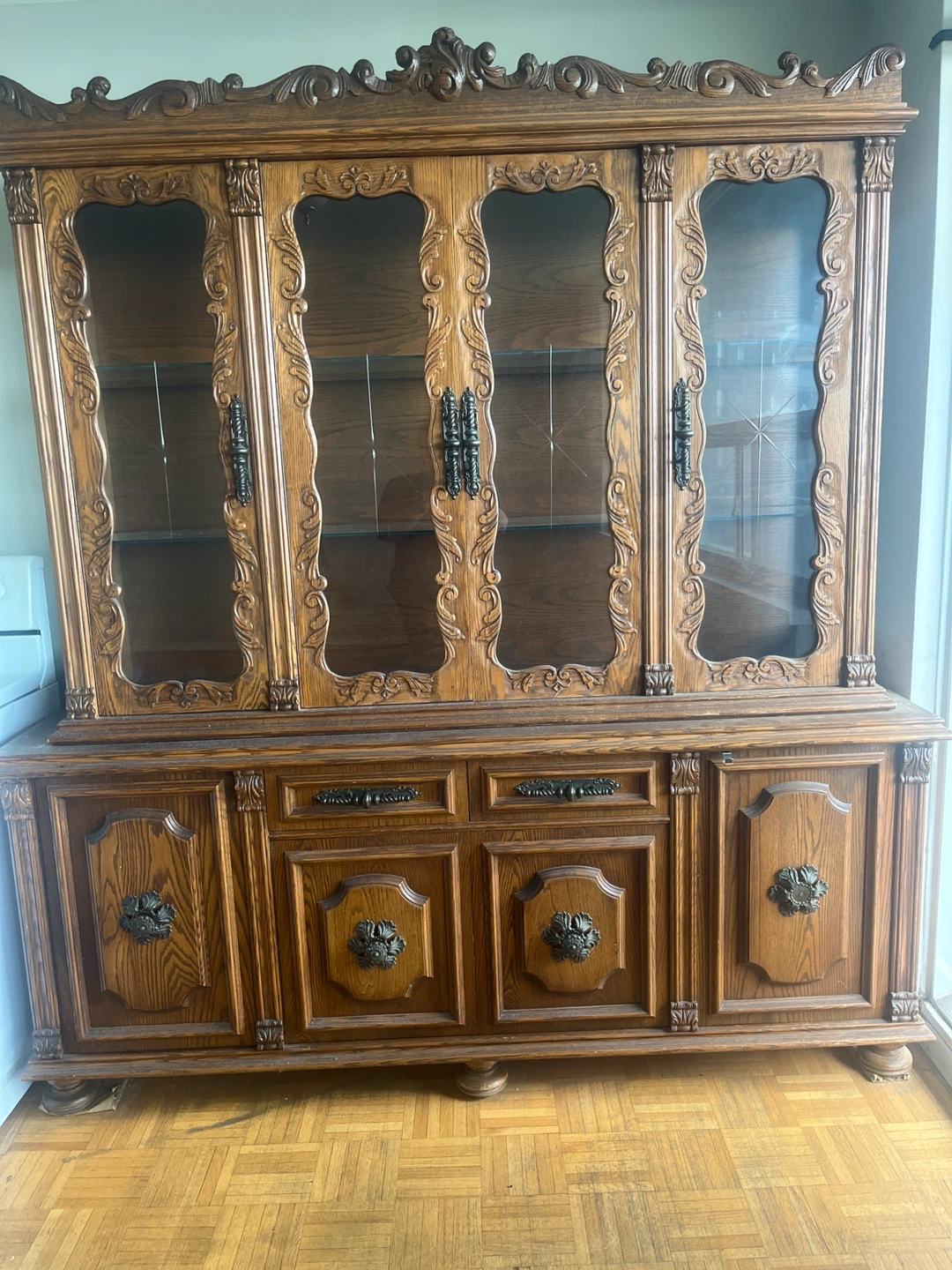 Vintage Oak China Cabinet with Glass Doors