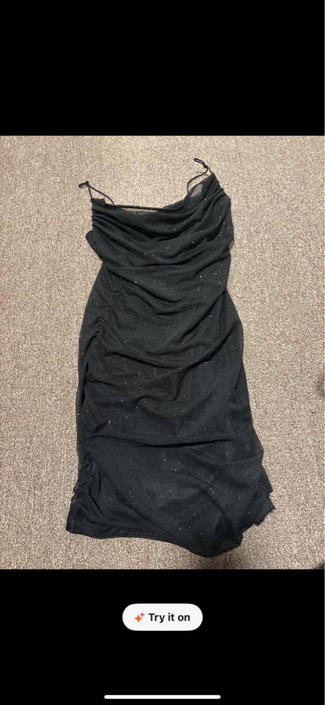 Black Glitter Mesh Ruched Dress
