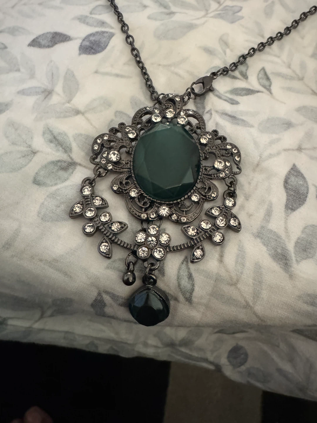 Ornate Pendant Necklace with Dark Green Jewel