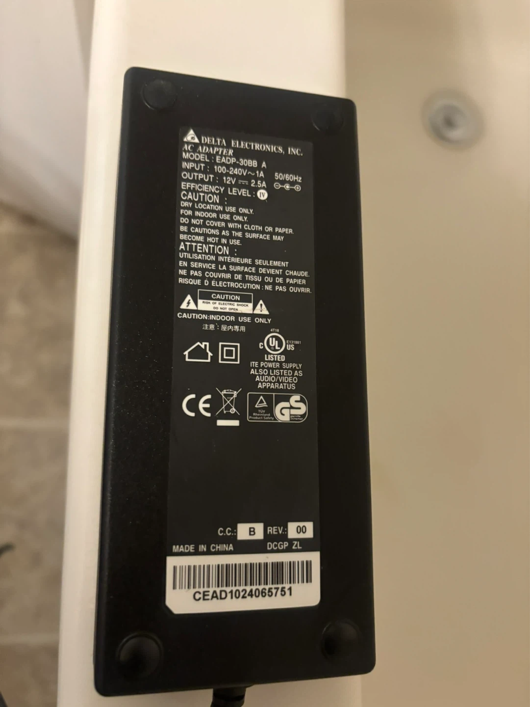 Delta Electronics AC Adapter 12V 2.5A Model ADP-30BB A