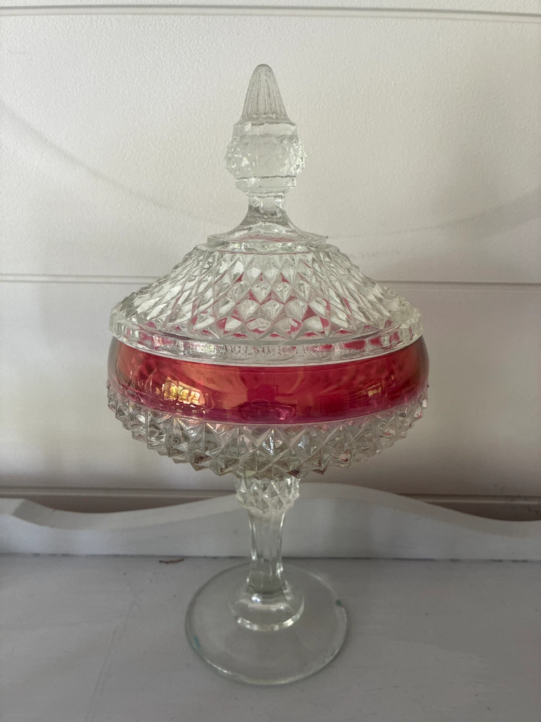 Vintage Glass Candy Dish with Red Accent