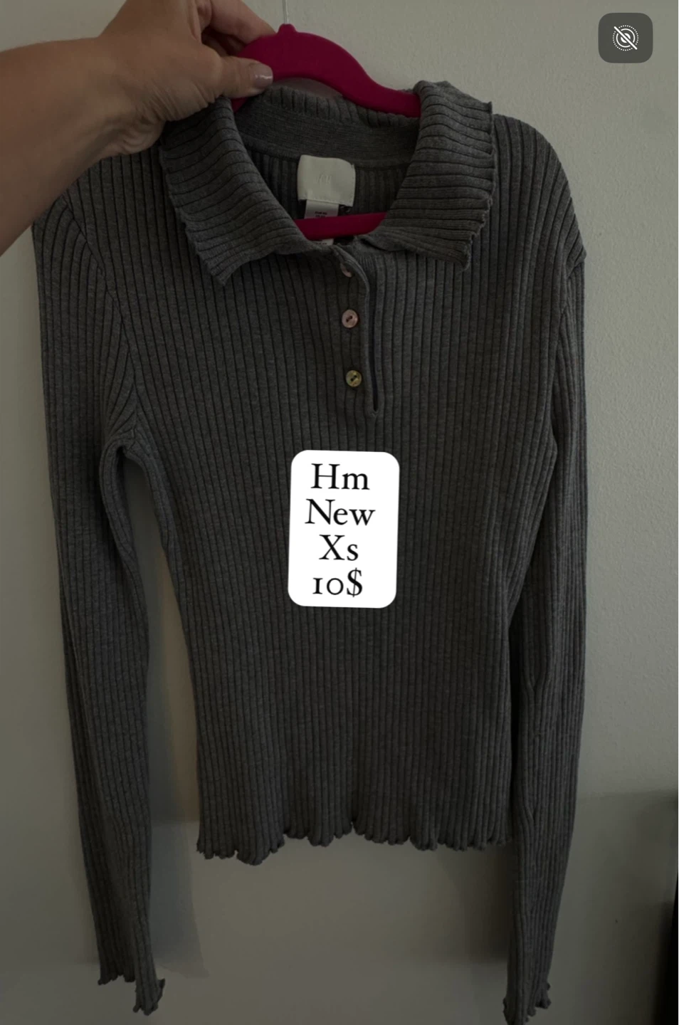 H&M Grey Ribbed Long Sleeve Polo Shirt - XS
