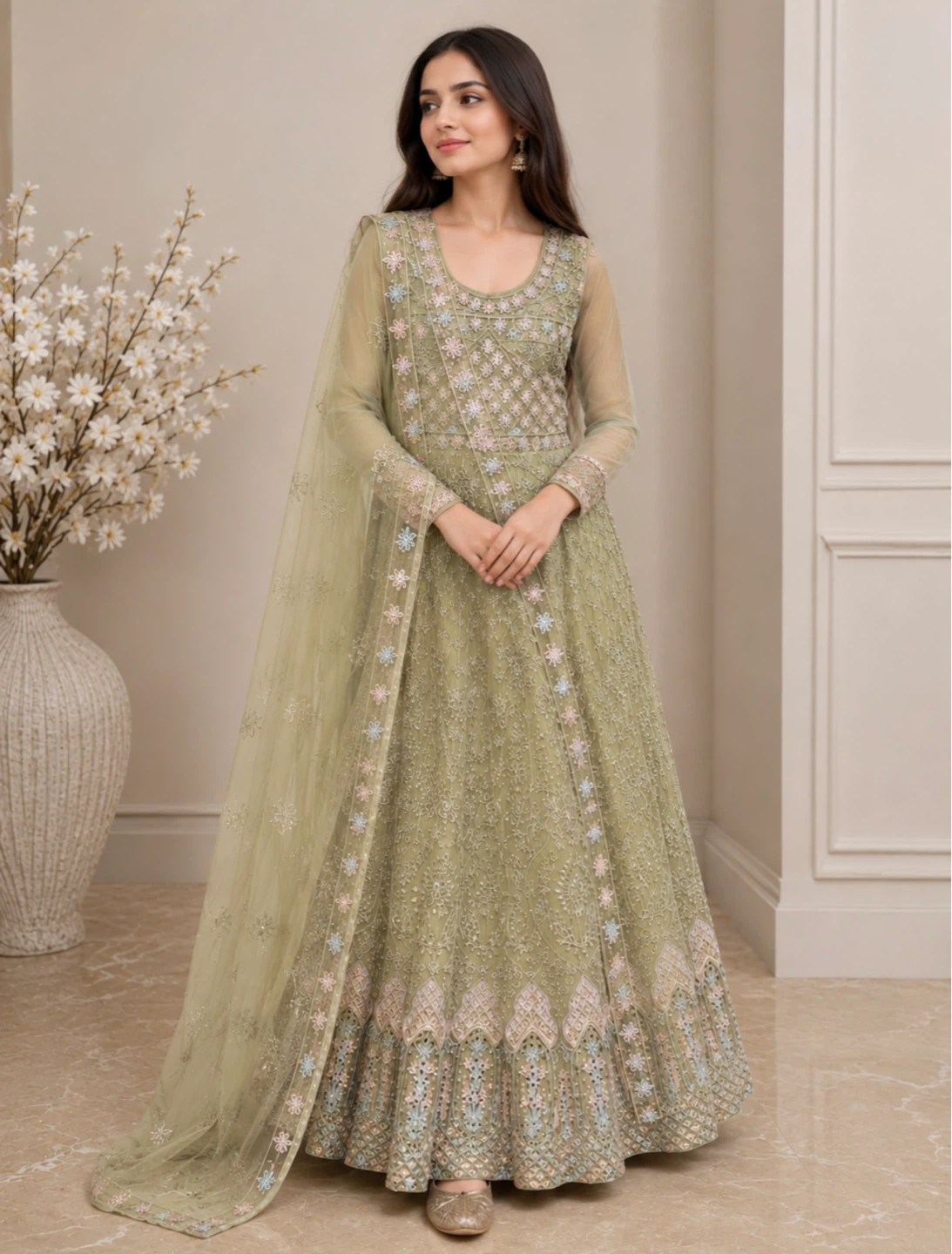 Embroidery Green Gown Anarkali Dress with dupatta