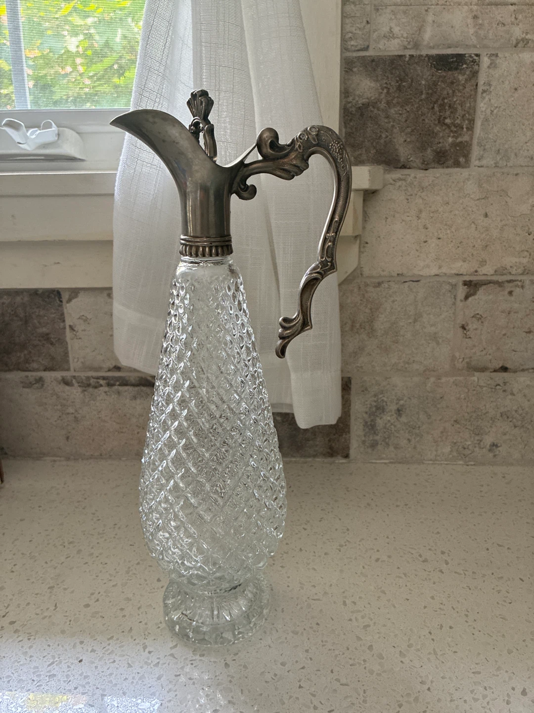 Vintage Glass Pitcher with Ornate Metal Handle