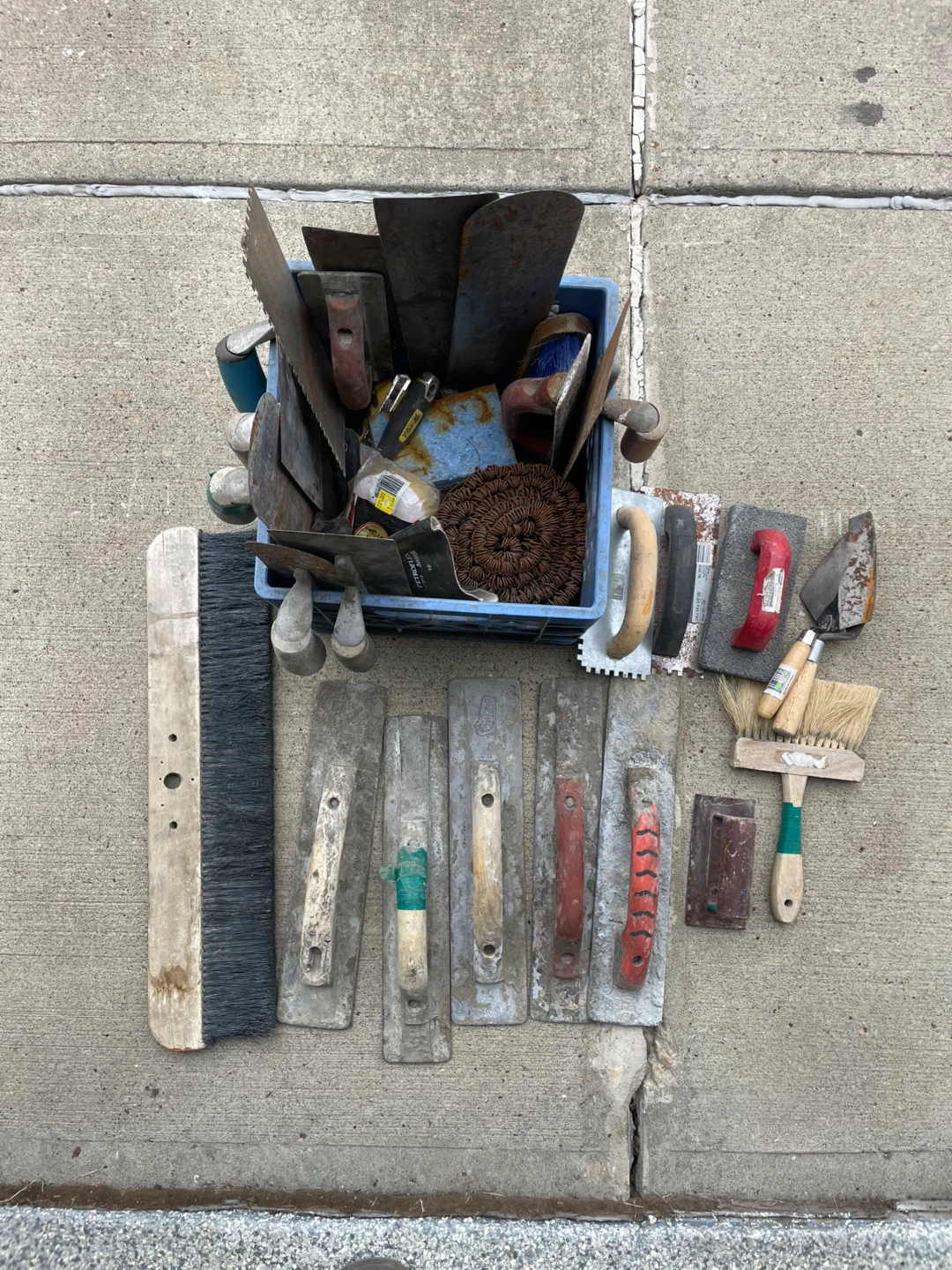 Assorted Trowels, Brushes, and 30L Bucket