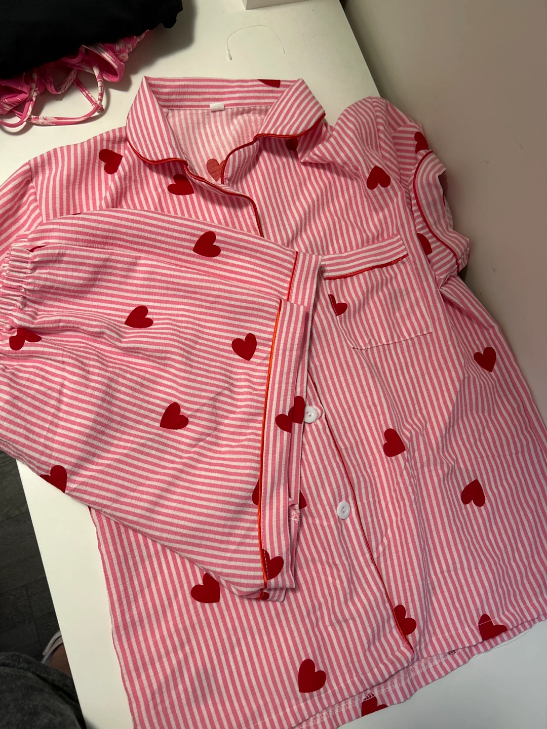 Pink and White Striped Pajama Set with Red Hearts