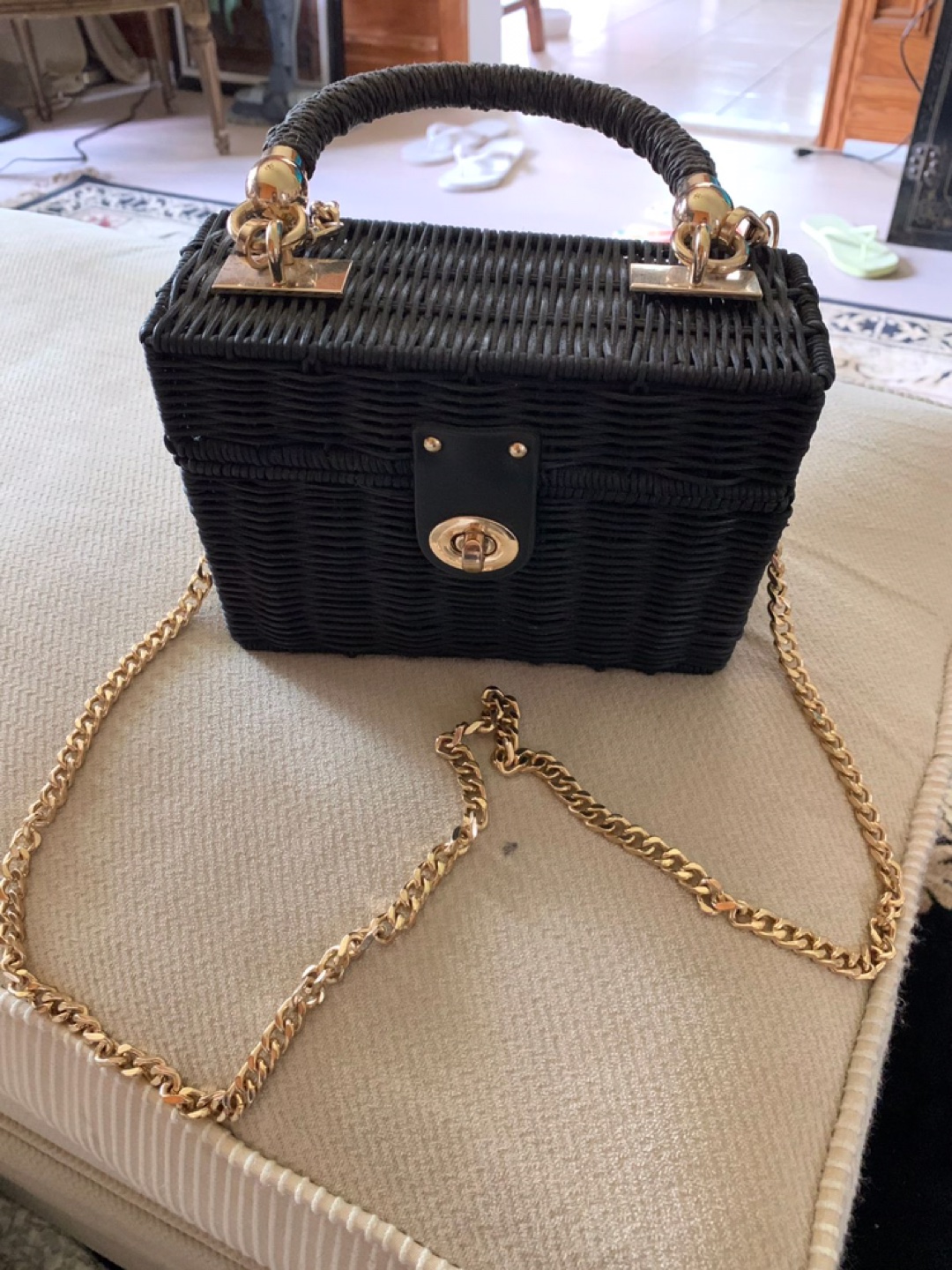 Black Woven Handbag with Gold Chain