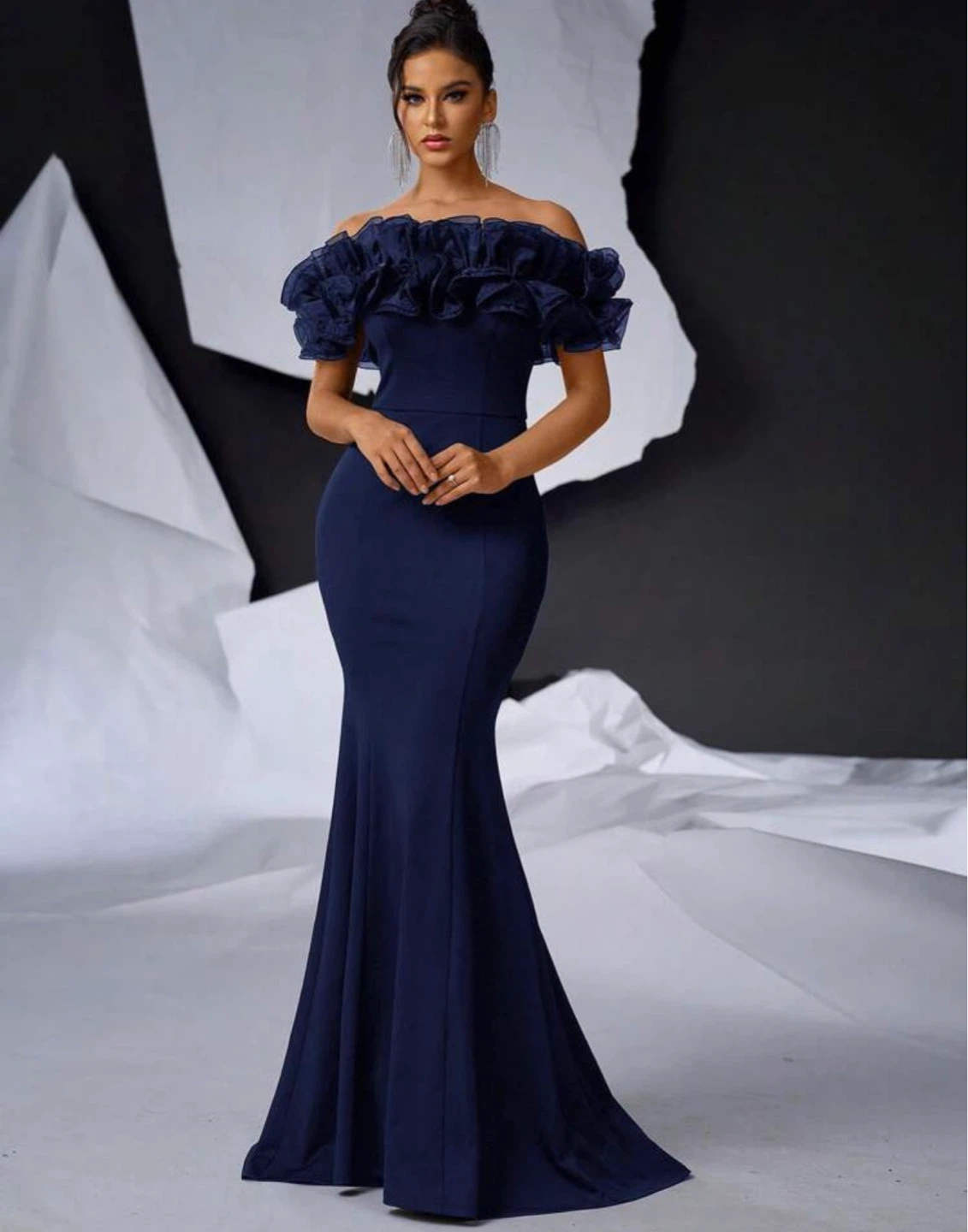 Navy Blue Off-the-Shoulder Ruffle Mermaid Dress
