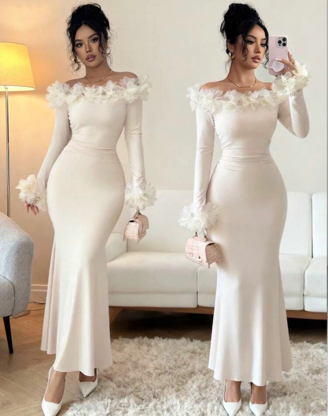 Off-the-shoulder long sleeve maxi dress with floral trim