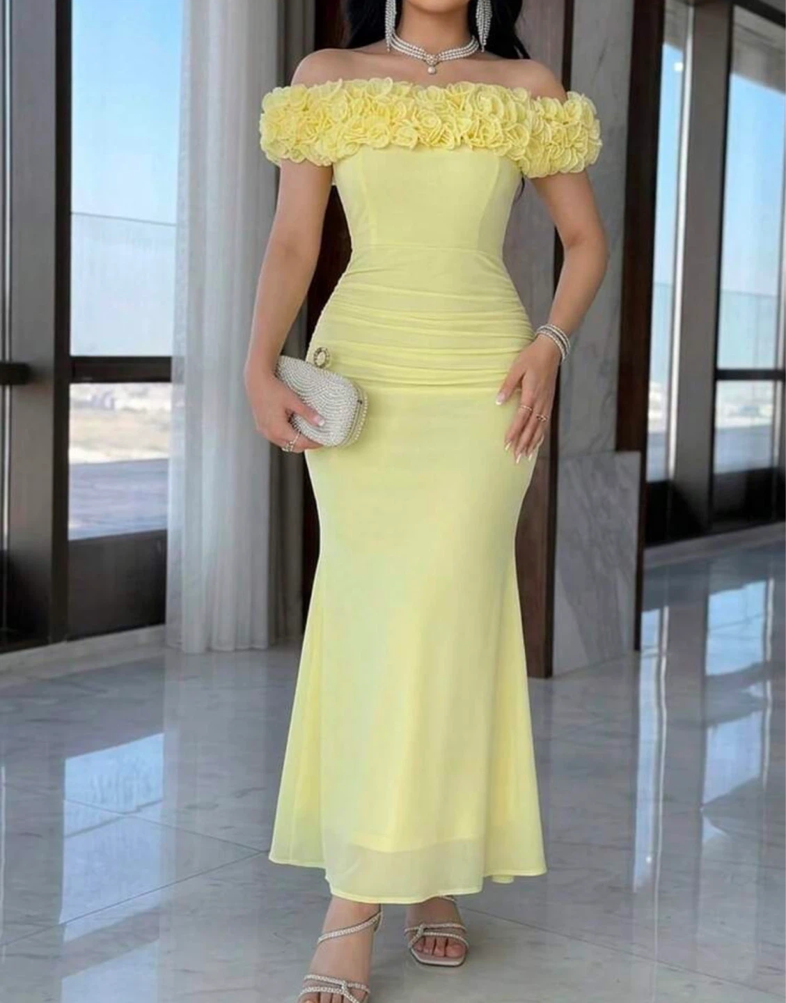 Yellow Off-the-Shoulder Ruffle Maxi Dress