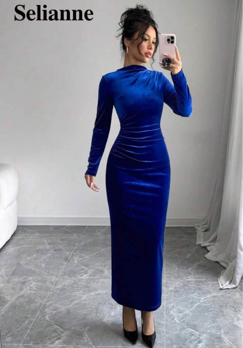 Blue Velvet Long Sleeve Maxi Dress