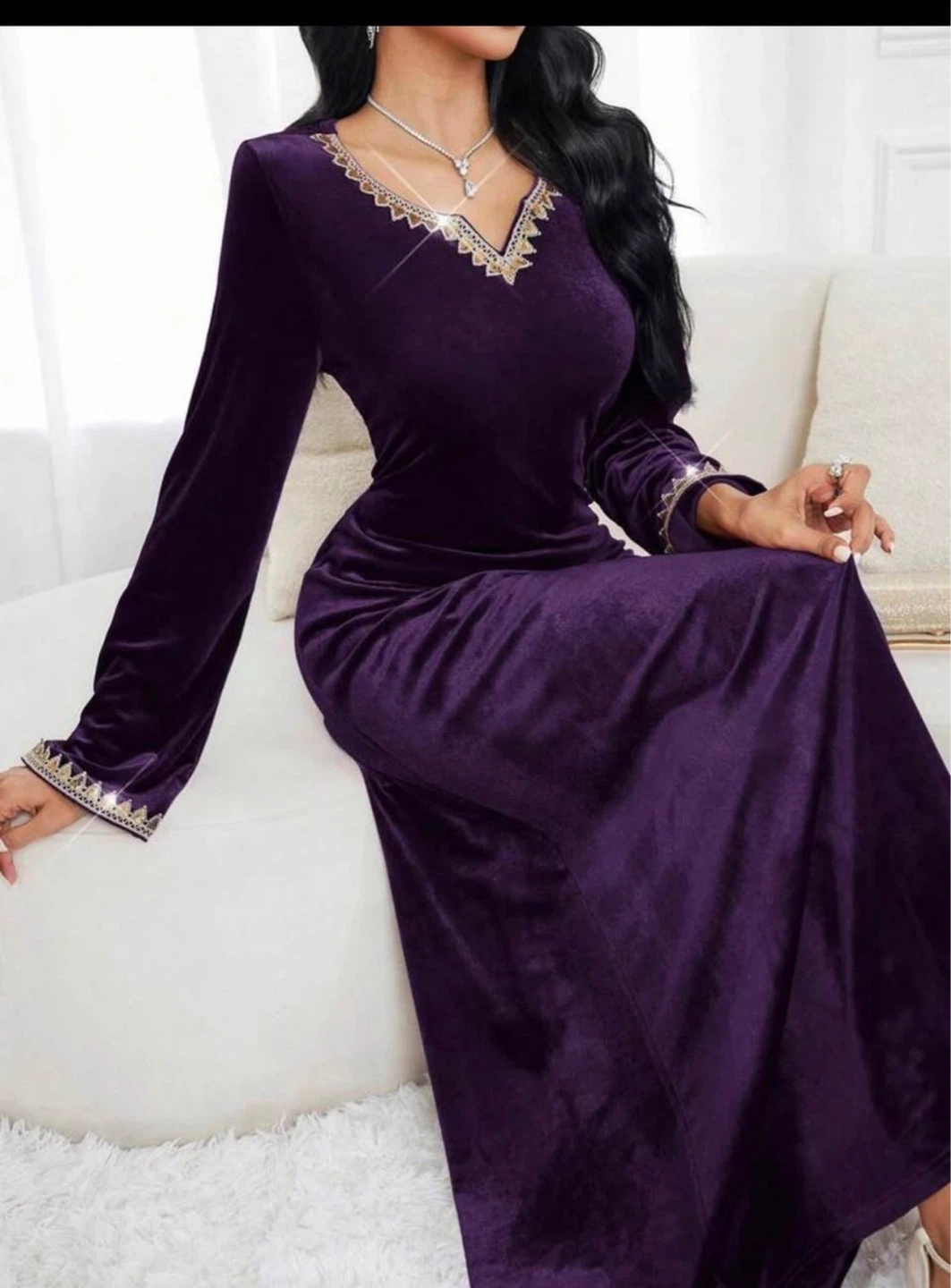Purple Velvet Long Sleeve Maxi Dress with Embellishment