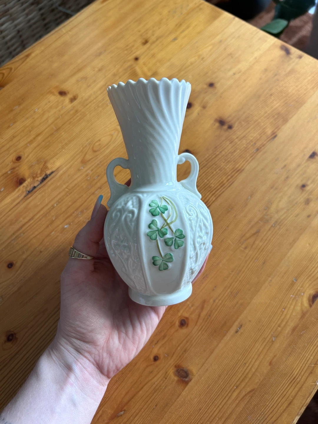 White Ceramic Vase with Green Shamrocks