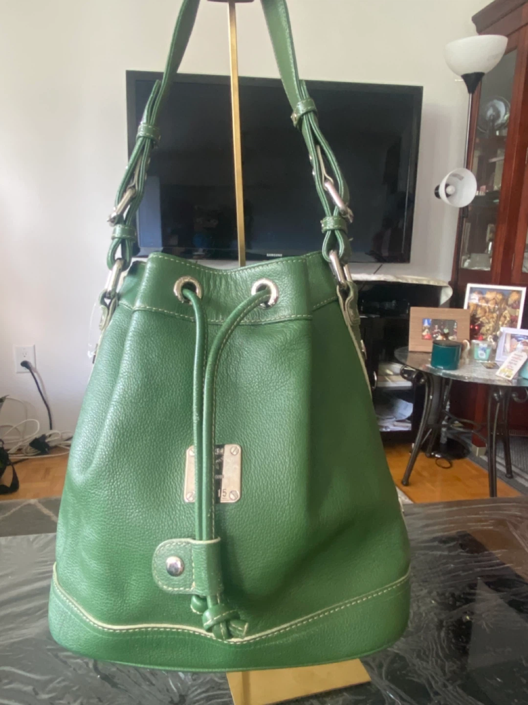 MCM Green Leather Drawstring Bucket Bag