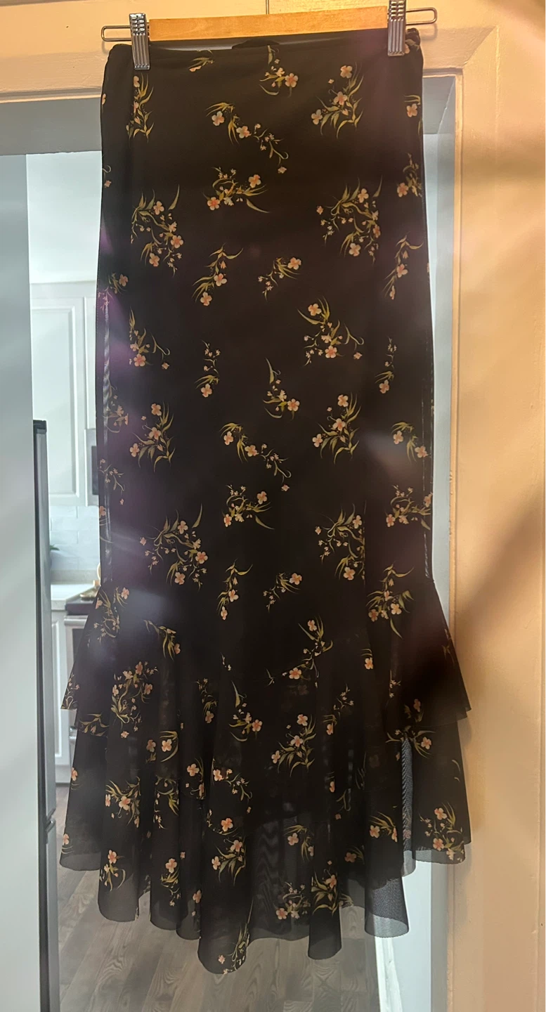 Zara Floral Print Sheer Mesh Maxi Skirt