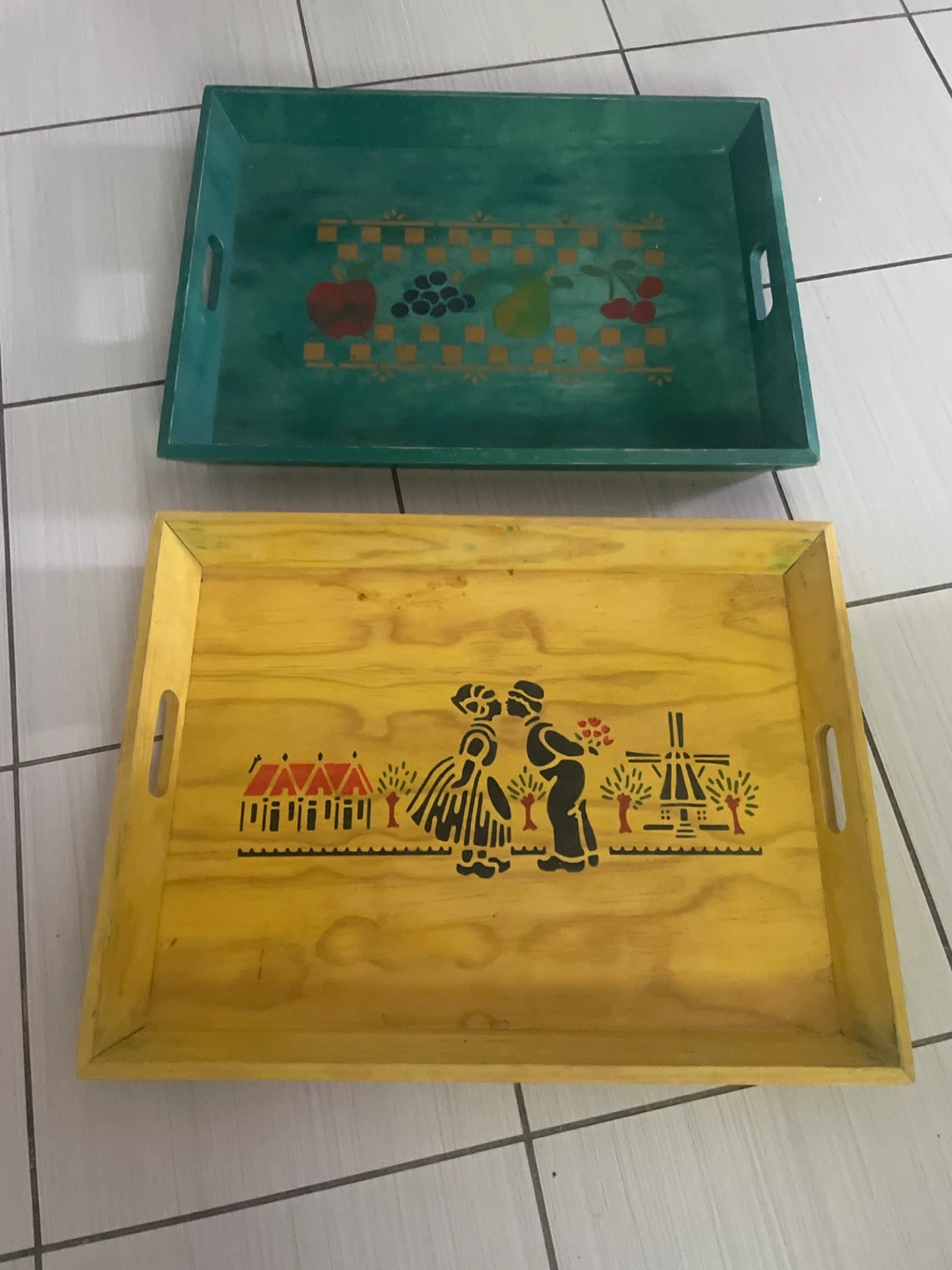 Set of 2 Decorative Serving Trays - Wood
