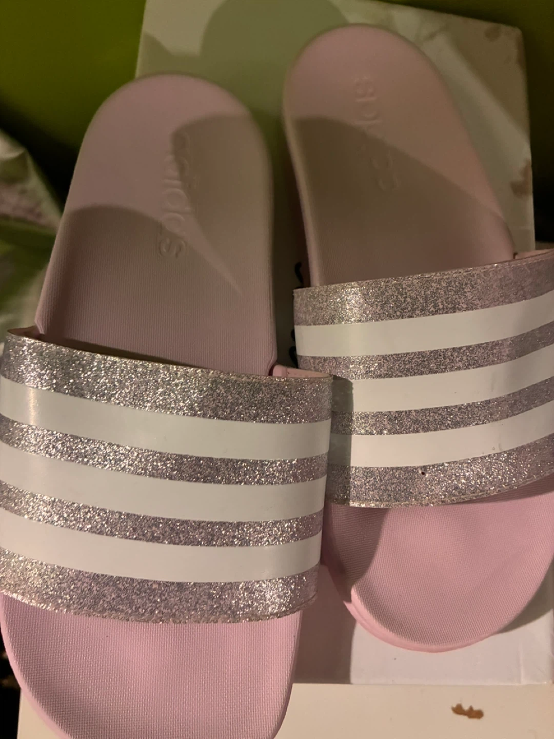 Pink Adidas Slides with Glitter