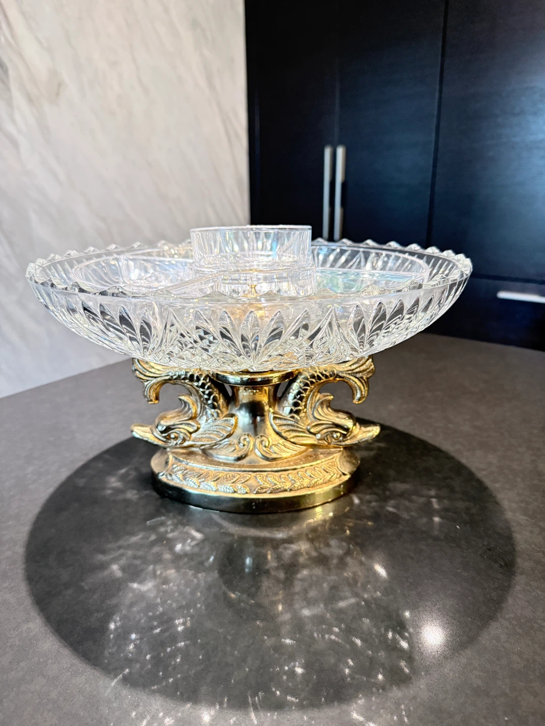 Crystal Serving Platter with Gold Fish Pedestal