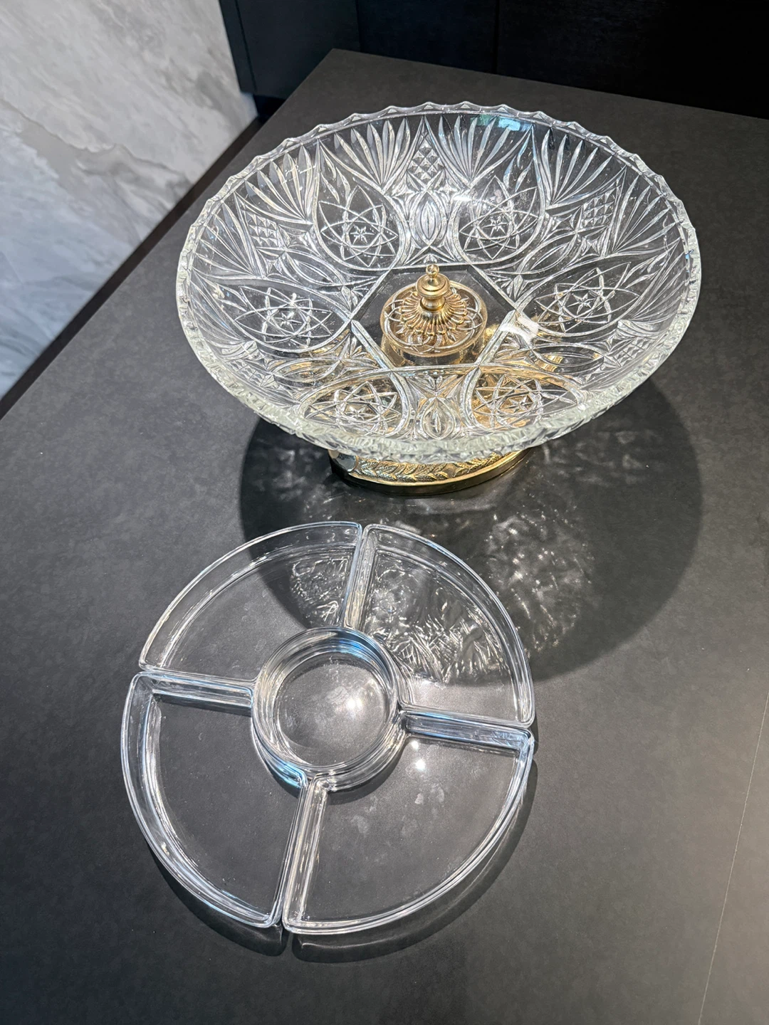 Crystal Serving Platter with Gold Fish Pedestal - photo 3