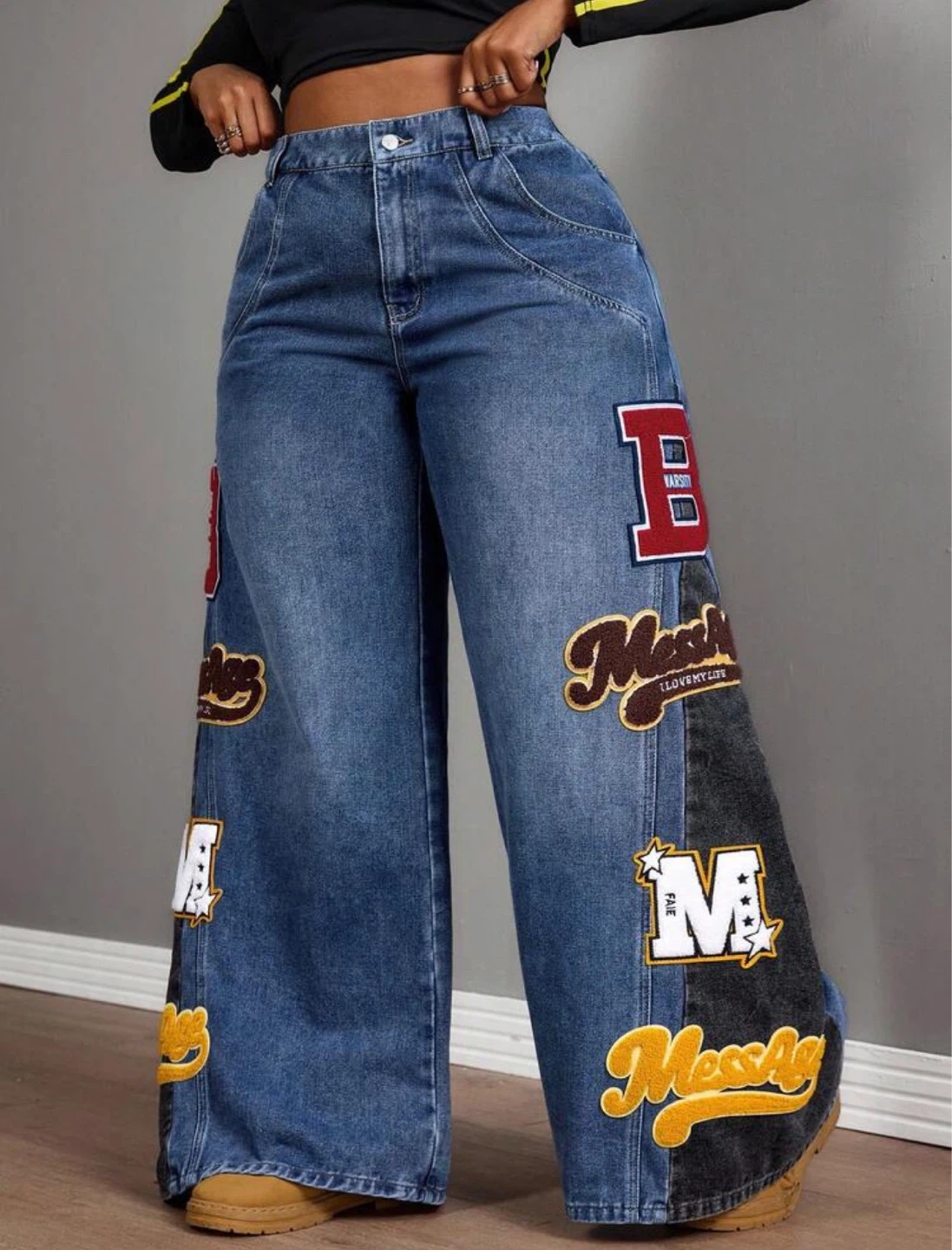 Wide Leg Jeans with Varsity Patches