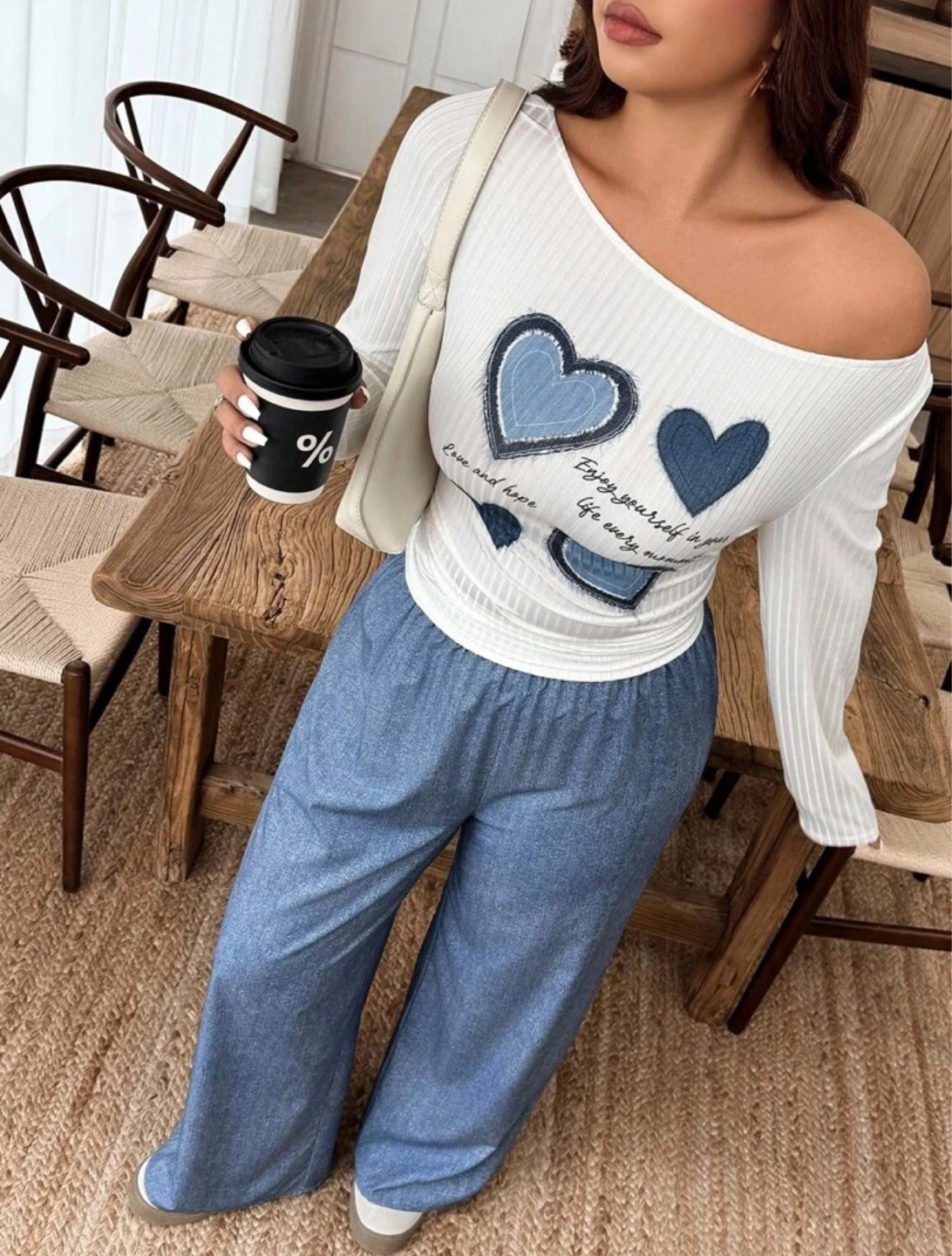Women's White Heart Graphic Long Sleeve Top