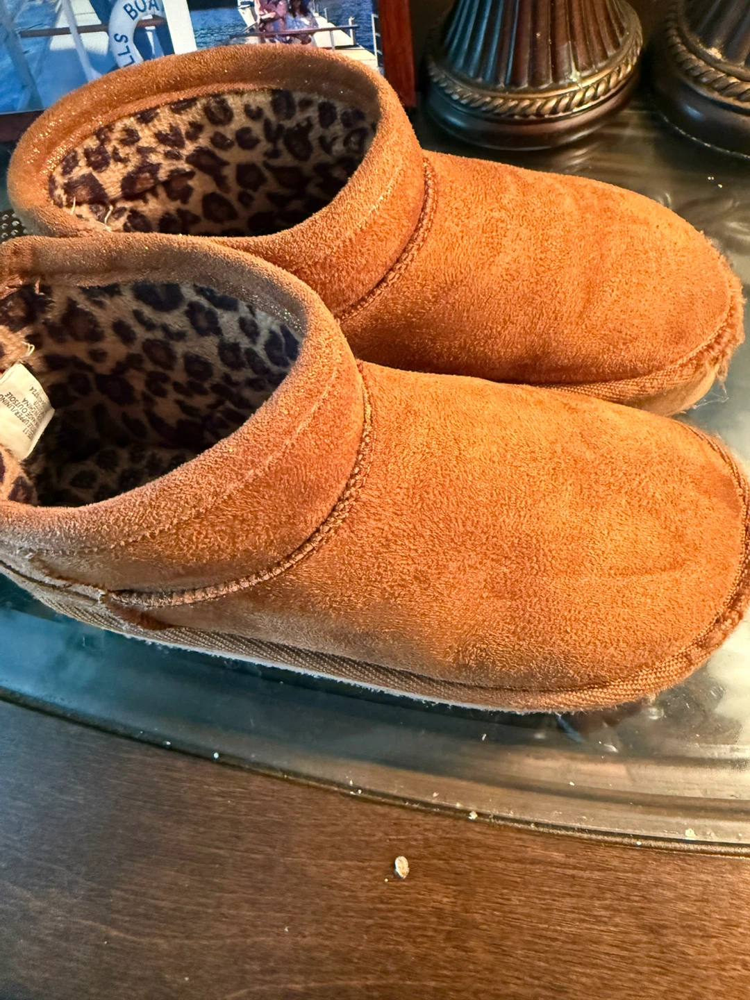 Brown Fuzzy Slippers with Leopard Print Lining