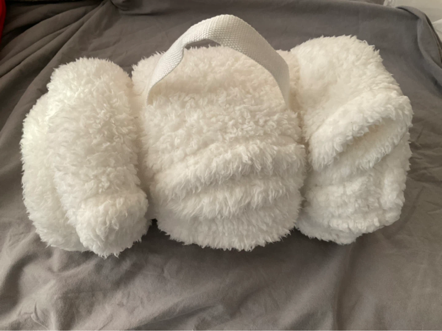 White Faux Fur Throw Blanket with Handle