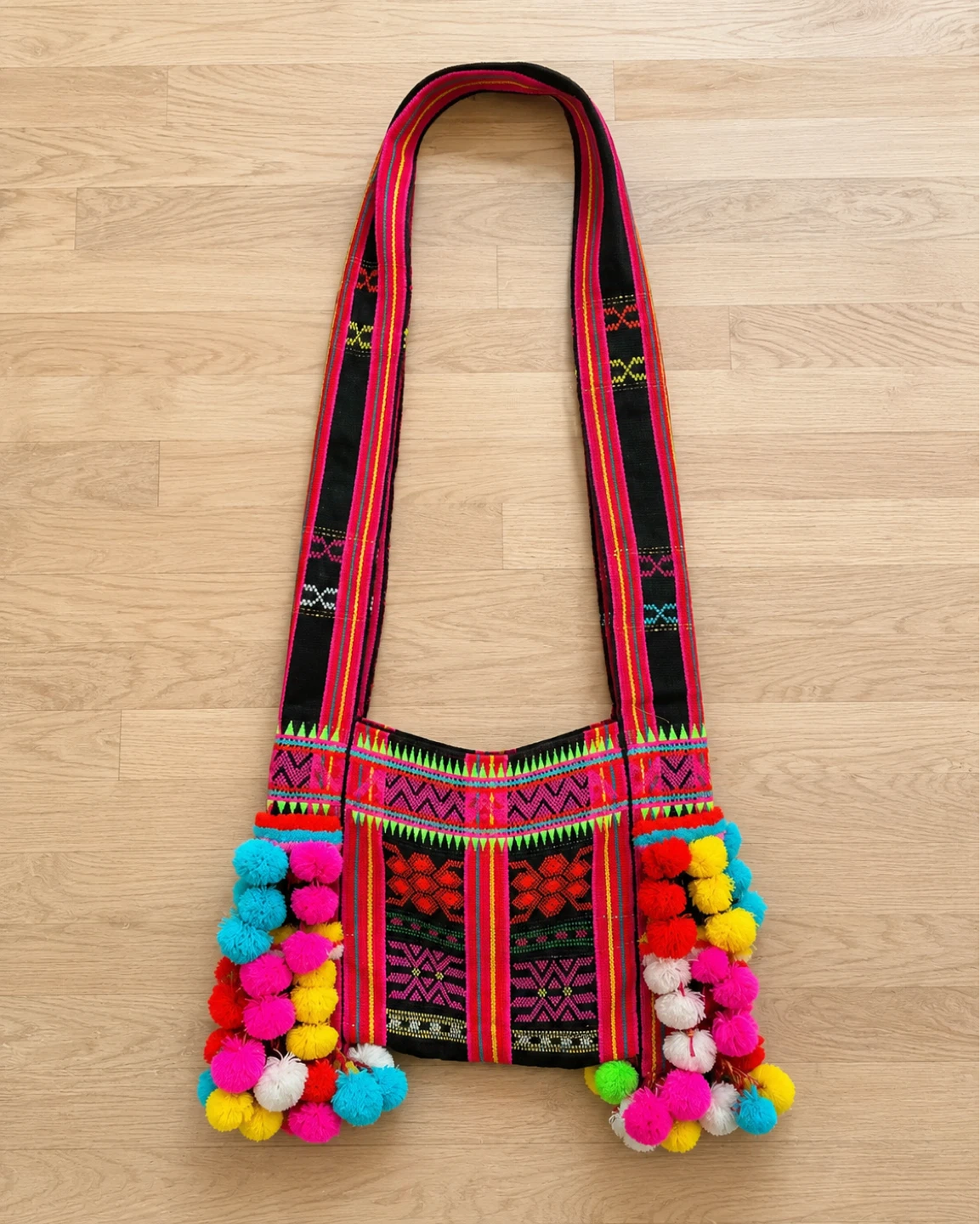 Boho Woven Shoulder Bag with Pom Poms