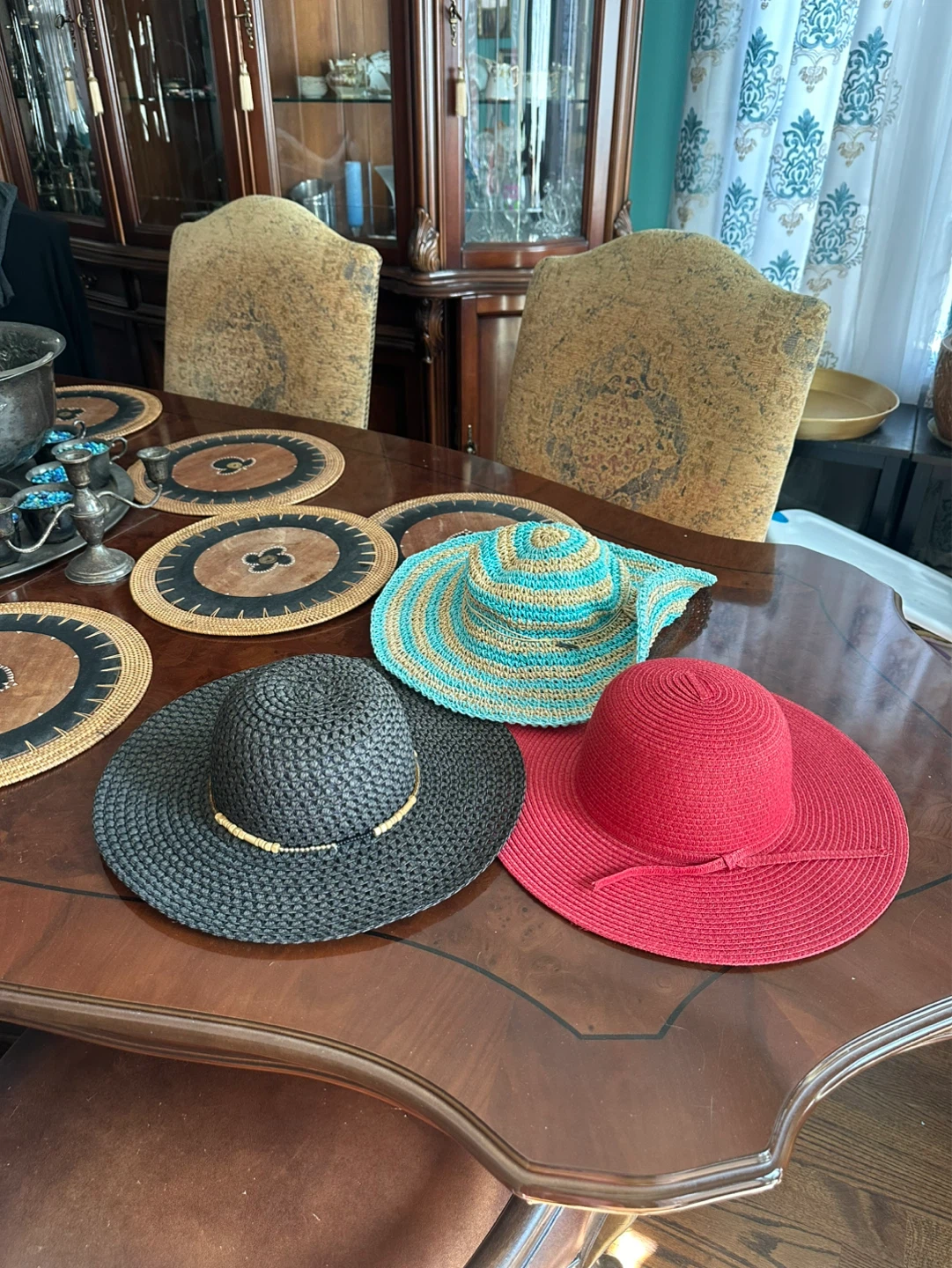 Wide-Brim Straw Sun Hat Trio - Black, Teal/Beige, Red
