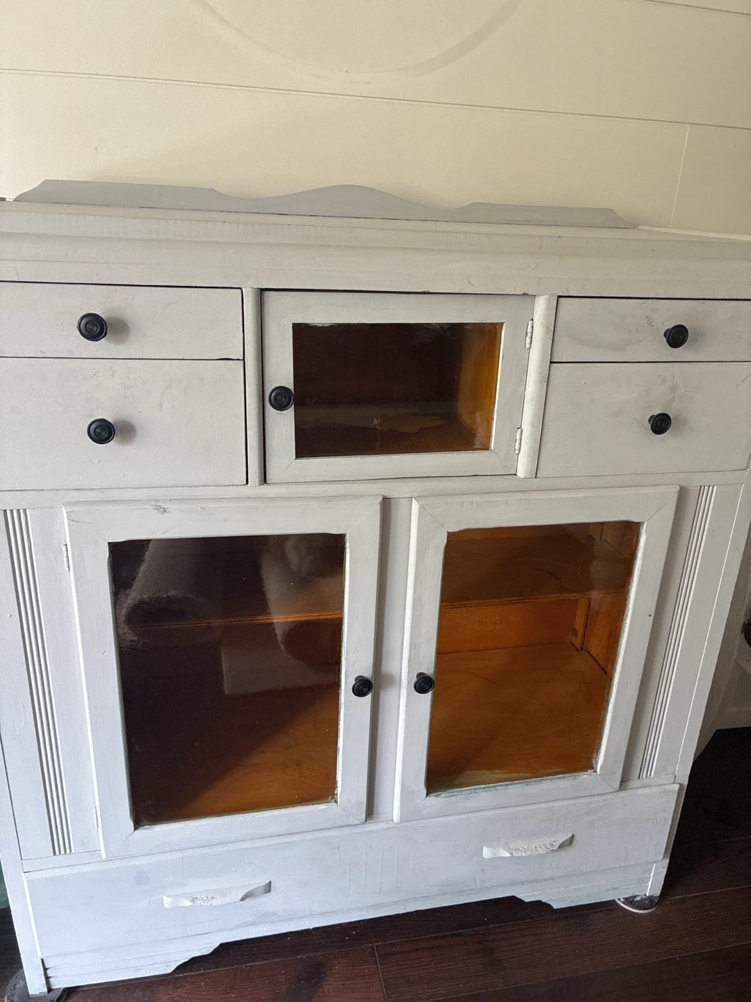 Vintage Grey Display Cabinet with Glass Doors and Drawers