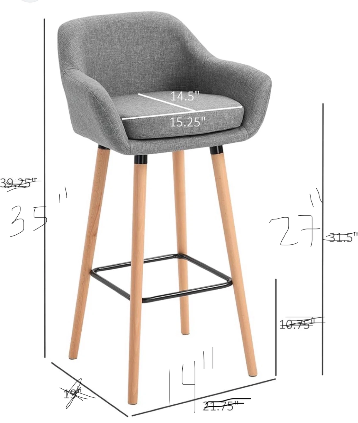 Grey Fabric Bar Stools with Wooden Legs (Set of 2) - photo 3